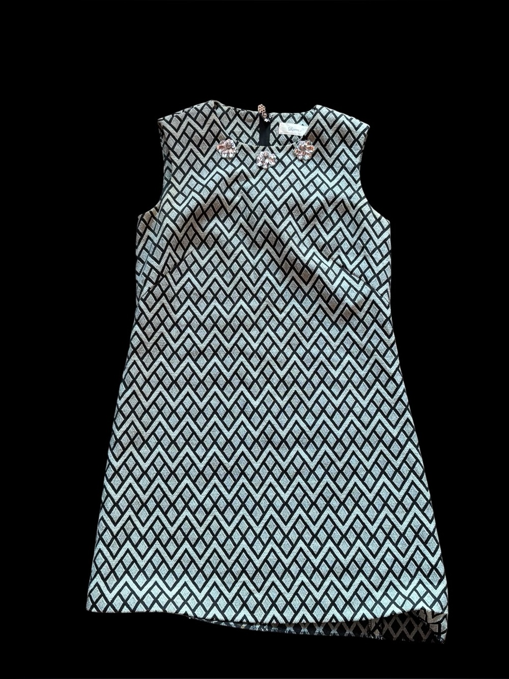 ✨Roem black and white chevron print dress with pink flower embellishments✨